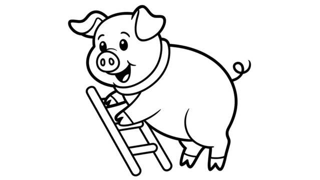 Cartoon pig sitting on a ladder with a cheerful expression Vector