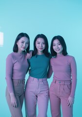 Fototapeta premium Three young East Asian women posing together against a bright teal background for lifestyle branding, fashion advertising and social media friendship campaigns