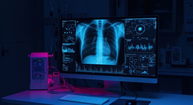 Futuristic computer monitor displaying a chest x-ray with digital data in a dark medical setting for healthcare ai marketing, diagnostic software promotion and hospital technology advertising