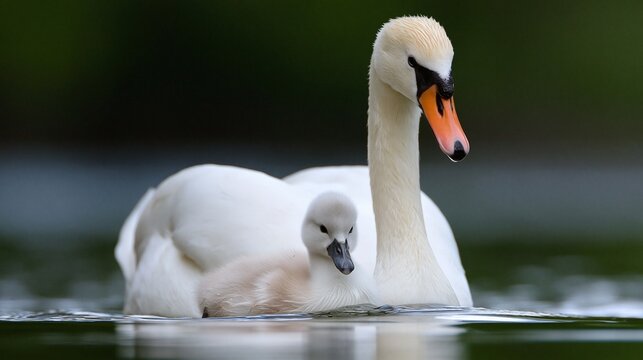 Ein erwachsener wei&szlig;er Schwan schwimmt auf einem ruhigen See und besch&uuml;tzt dabei ein kleines graues K&uuml;ken unter seinem Fl&uuml;gel