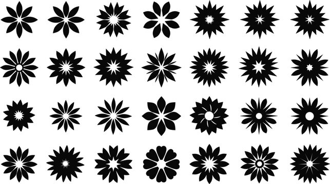 Black floral silhouette collection with various flower shapes, decorative blossom icons set, abstract botanical elements isolated on white background vector illustration