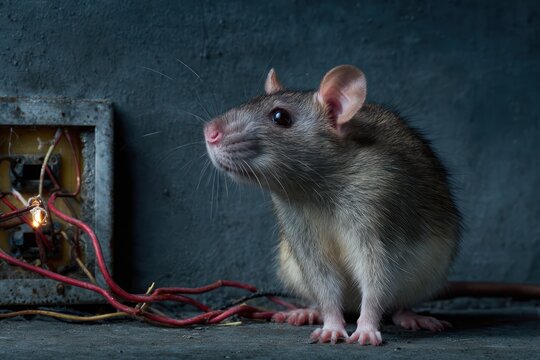 Wild rat near dangerous electrical junction box