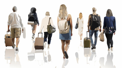 people walking away with luggage in watercolor style high quality professional © Nipa
