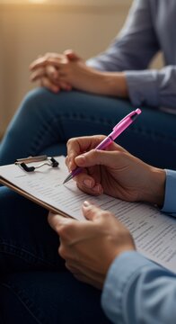 Person taking notes on a clipboard with a pink pen for mental health awareness, professional counseling services and patient intake documentation