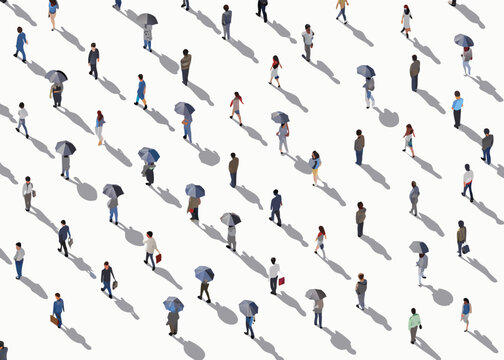 isometric crowd scene with people walking and holding umbrellas high quality