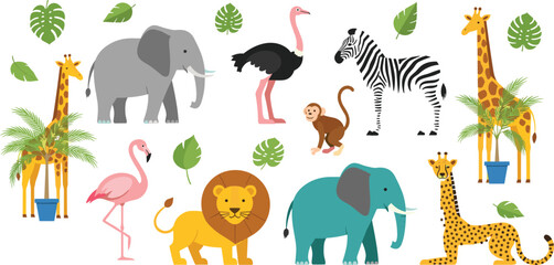 Cute safari animals collection with lion elephant giraffe zebra flamingo ostrich monkey and tropical leaves, colorful cartoon wildlife set isolated on light background vector illustration © SobujChandra