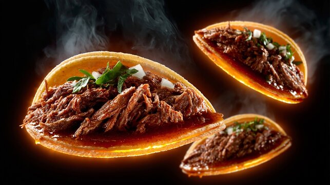 Drei mexikanische Birria-Tacos mit gebratenem Fleisch und Kr&auml;utern in leuchtend orangefarbenen Tortillas auf dunklem Hintergrund