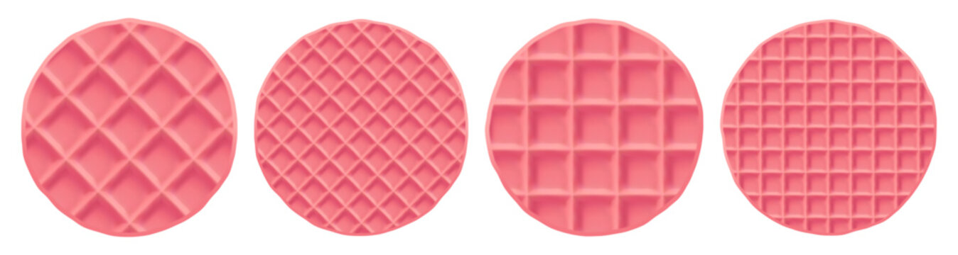 Waffle round cracker, circle crepe pancake, stroopwafel brunch. Pink wafer icon and emoji of croffle christmas, graham dutch pattern. Candy texture of cookie with mint chocolate, 3d vector caramel