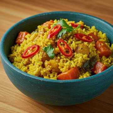 Yellow curry rice with sliced red chinis and fresh herbs in a teal wooden bowl for culinary magazine editorial, restaurant menu design and food blog advertising