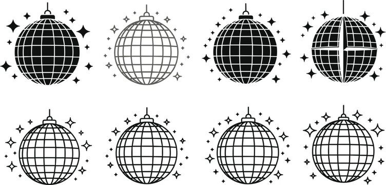 Disco ball icons collection with sparkling mirror spheres, retro party glitter elements set isolated on light background vector illustration