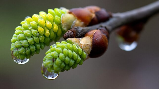 Gr&uuml;ne Zapfen an einem Ast mit glitzernden Wassertropfen in einer Nahaufnahme vor unscharfem Hintergrund