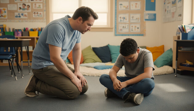 Empathetic male teacher kneeling on the classroom floor to comfort and counsel an upset schoolboy sitting with crossed legs during a private supportive conversation in a bright learning space