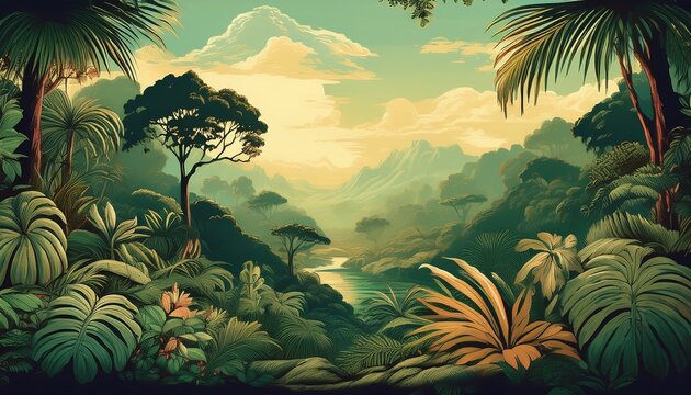 old retro wallpaper of a lush jungle landscape