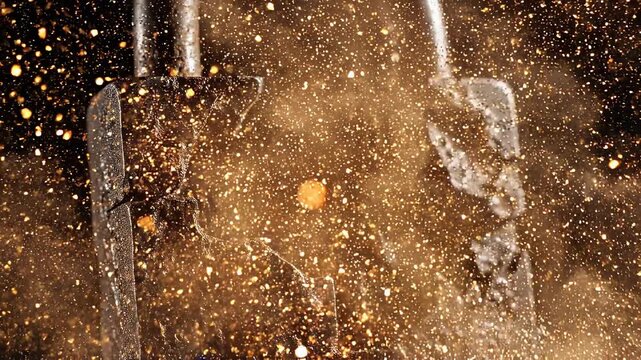 Metal lock shattering dust explosion, broken chain security close up macro view of cracked rust keyhole padlock with sparks and metal fragments