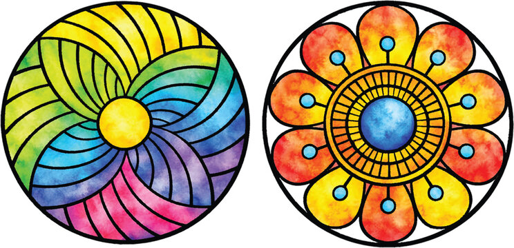 Set of two vibrant watercolor rainbow mandalas with geometric and floral patterns featuring hand drawn ink outlines isolated on a white background for psychedelic art and yoga projects