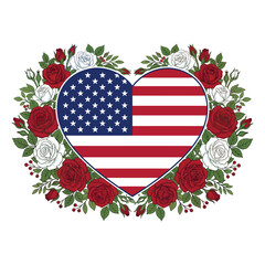 Obraz premium Patriotic American Flag Heart Floral Illustration - USA Flag Design with Elegant Red and White Roses Wreath for Mother's Day and July 4th Gift