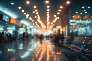 Fototapeta premium Blurred airport terminal with traveler silhouettes