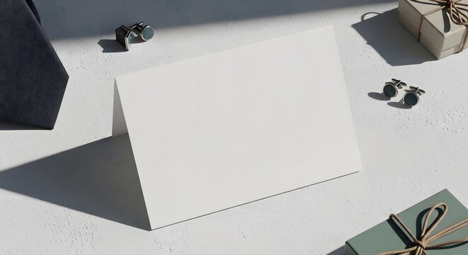 White card with gifts and cufflinks on table