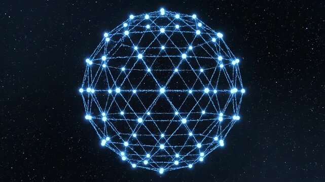 Glowing network sphere and connected node geometry web with abstract blue galaxy nebula star particle streak, digital data technology cyberspace