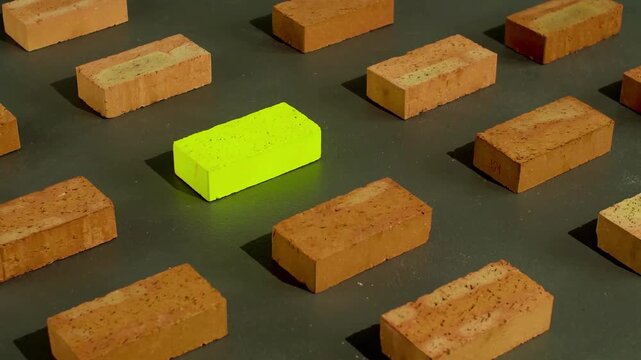 Conceptual visual featuring a single gold bar standing out among ordinary bricks, symbolizing uniqueness, value, and difference. The contrast between luxury gold and common materials creates a powerfu