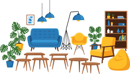 Modern living room furniture set with sofa armchair tables bookshelf plants and decor elements, cozy interior design collection isolated on light background vector illustration © Songkari