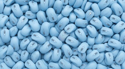 Fototapeta premium Pastel blue wireless computer mice pattern filling a frame for a modern tech accessory workspace campaign or corporate hardware advertising background