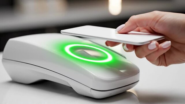 Contactless payment terminal tap card cashless credit point of sale checkout retail technology smartphone hand holding wireless NFC digital wallet