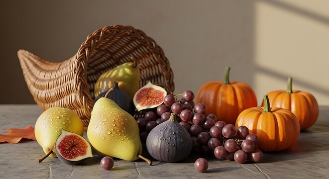 A beautiful cornucopia fresh harvest display featuring ripe pears, dark purple figs, red grapes, and small pumpkins on a rustic stone table for autumn