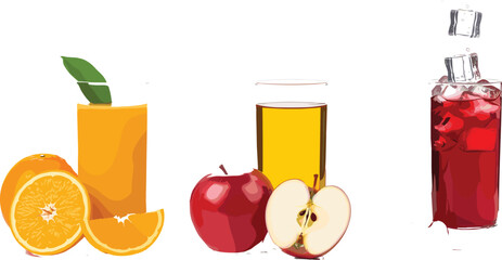 Fresh fruit juice set with orange apple and berry drinks, realistic glasses with sliced fruits and ice cubes isolated on light background vector illustration © Songkari