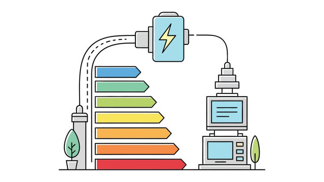Energy Efficiency Illustration: A conceptual illustration depicting energy consumption and efficiency levels, visualized through a battery connected to various electronic devices.
