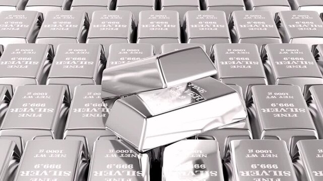 Seamless loopable 3D rendering animation featuring silver ingots rotating smoothly to create a modern metallic finance background. The reflective surfaces and continuous motion deliver a professional 