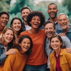 Obraz premium Multiracial group of people laughing together in a vibrant outdoor setting for diversity campaigns, community outreach and lifestyle brand advertising