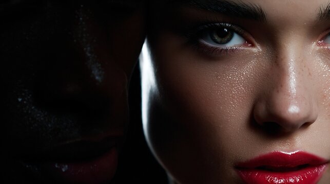 Nahaufnahme der Lippen und des Kinns einer Frau mit rotem Lippenstift und feuchter Haut