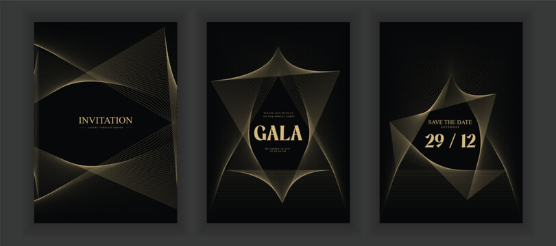 Luxury Black Gold Decorative Gala Invitation Card Set, Elegant Art Deco Geometric Background, Premium Event Template Vector Illustration