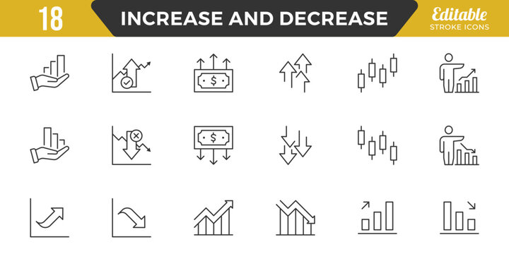 Increase and Decrease line Editable Icons set. Graph, Diagram, business growth, finance, economy, statistics, summary, profit, fall, arrow up, down,
and more. Simple vector icons. Editable Stroke.