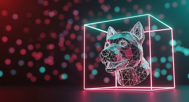 Digital dog head made of wireframe lines inside a glowing glass box