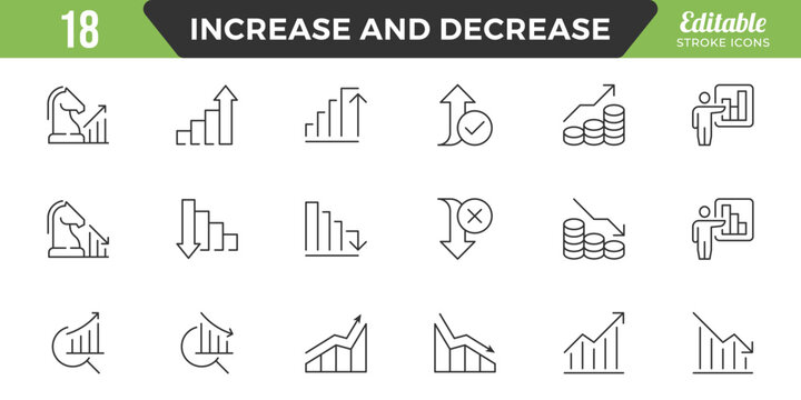 Increase and Decrease line Editable Icons set. Graph, Diagram, business growth, finance, economy, statistics, summary, profit, fall, arrow up, down,
and more. Simple vector icons. Editable Stroke.