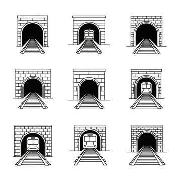 A set of nine minimalist black and white icons featuring railway tunnel entrances with brick masonry, train tracks in perspective, and simplified subway or metro train cars.