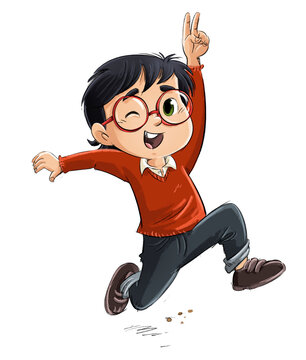 Boy student with glasses jumping for joy