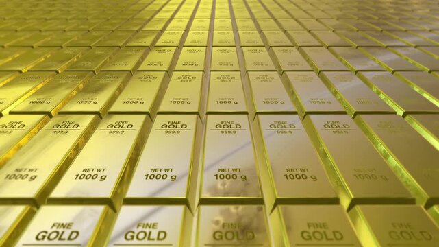 Cinematic realistic animation featuring gold bars stacked in a row with a camera flying smoothly through shining gold bullion bars in a wide shot. The reflective metallic surfaces and luxury atmospher