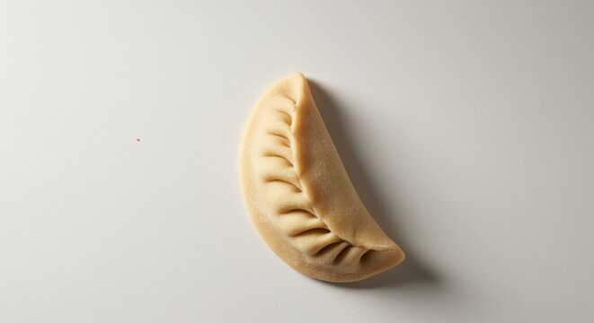 Single handmade dough dumpling with crimped edges on white background for artisan food blogging, culinary magazine editorials and restaurant menu design