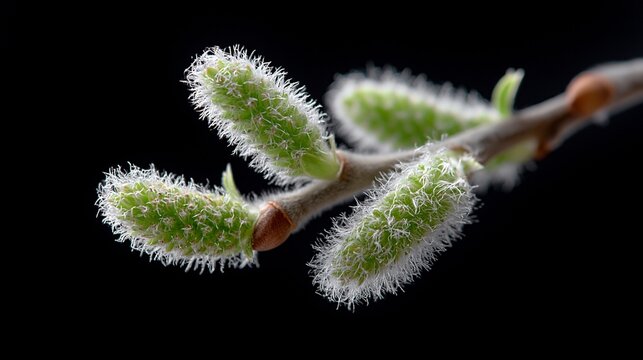 Nahaufnahme von Weidenk&auml;tzchen mit weichen wei&szlig;en Haaren auf einem schwarzen Hintergrund