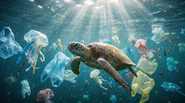 3D conceptual art of close-up sea turtle swimming through a swarm of colourful plastic bags that look like jellyfish. 