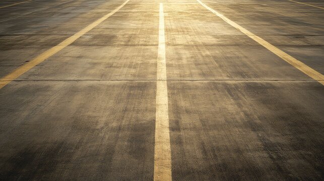 Airport runway tarmac with guiding yellow lines at sunset