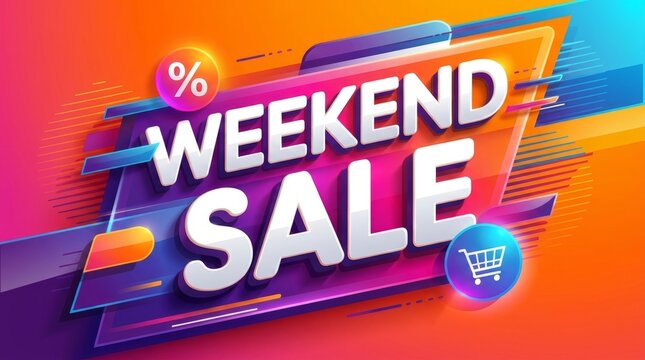"weekend sale" banner with shopping cart icon and percentage sign e commerce limited time hot deal discount promotion shopping commercial advertisement marketing special offer clearance