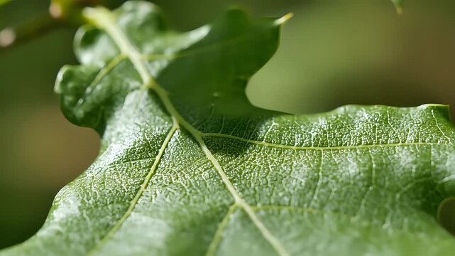 Closeup of a vibrant green oak leaf with intricate vein patterns.
