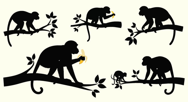 Set of black monkey silhouettes perched on tree branches with yellow bananas, featuring various poses of primates in a minimalist flat vector style on a light background.