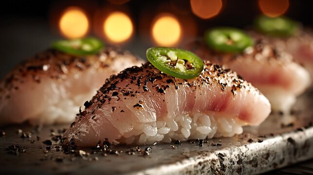 Truffle yellowtail sushi nigiri with jalapeno and black truffle