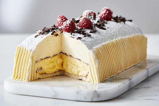 Elegant zabaglione cake with fresh raspberries and chocolate shavings