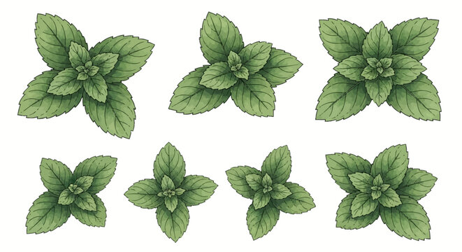 Collection of seven hand-drawn watercolor mint leaf sprigs and fresh green peppermint herb bunches with serrated edges isolated on white background for culinary and herbal design.